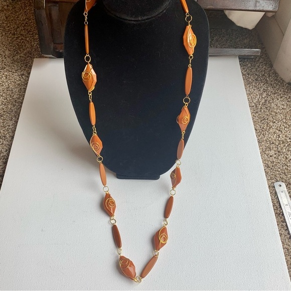 Vintage Butterscotch Beaded Long Necklace Golden Wire Wrapped Beads Elegant 21" - Picture 1 of 7